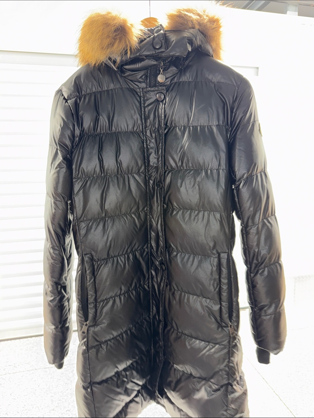 Moncler Black Puffer Coat with Fur-Trim Hood L